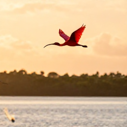 Caribbean Holidays, September Trinidad, Scarlet ibis flying over mangrove wetlands at sunset in Trinidad, with calm water and distant forest