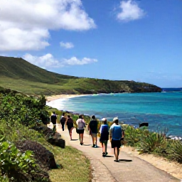 Caribbean Holidays, September Walking, A coastal walking trail on Antigua in September, with turquoise sea, low green hills and a small group of walkers