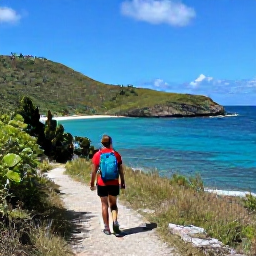 Caribbean Holidays, September Walking, A hiker following a coastal path above Anse de Colombier on Saint Barth&eacute;lemy, with clear blue water and green hills