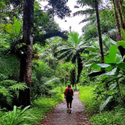 Caribbean Holidays, September Walking, A lush rainforest trail in Trinidad with hikers walking beneath tall tropical trees after a light September shower