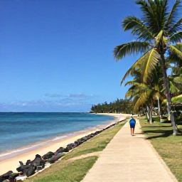 Caribbean Holidays, September Walking, A peaceful coastal path beside a bright Caribbean beach in Tobago, with walkers enjoying clear water and palm-fringed scenery