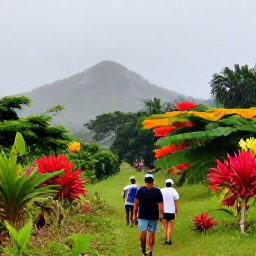 Caribbean Holidays, September Walking, A small group walking through lush Antigua countryside in September, with rain showers in the distance and colourful tropical vegetation