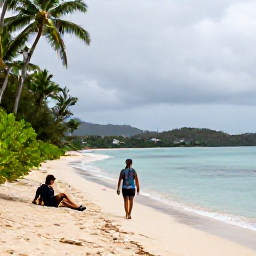 Caribbean Holidays, September Walking, A walker resting beside a tropical beach in the British Virgin Islands after a light September shower