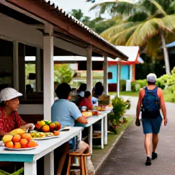 Caribbean Holidays, September Walking, A welcoming Martinique village caf&eacute; near a walking trail, with Creole food, fresh fruit and hikers relaxing after a walk
