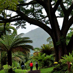 Caribbean Holidays, September Walking, Hikers following a forest path beneath giant tropical trees in northern Martinique, with ferns, palms and misty green mountains
