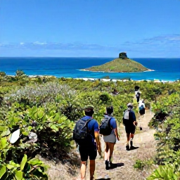 Caribbean Holidays, September Walking, Hikers walking through tropical scrub towards a panoramic viewpoint above the sea on Tortola