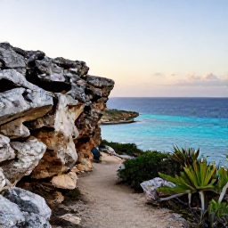 Caribbean Holidays, September Walking Holidays, A coastal walking trail in Cura&ccedil;ao at sunrise, with rugged limestone, turquoise sea and low tropical vegetation