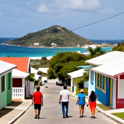 Caribbean Holidays, September Walking Holidays, A friendly local guide and travellers walking through a colourful Caribbean village street in St Thomas, with harbour views and island hills
