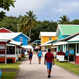 Caribbean Holidays, September Walking Holidays, A friendly local walking guide showing travellers a Caribbean village, with colourful houses, market stalls and tropical scenery