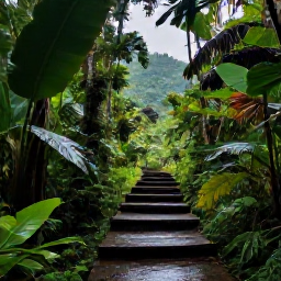 Caribbean Holidays, September Walking Holidays, A lush Saint Lucian rainforest trail after light rain, with tropical foliage, wooden steps and distant green hills