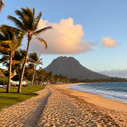 Caribbean Holidays, September Walking Holidays, A peaceful coastal path on Nevis near golden sand, palm trees and the outline of Nevis Peak beneath a warm September sky