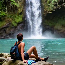 Caribbean Holidays, September Walking Holidays, A relaxed Caribbean walker resting beside a waterfall after a tropical trail, with a small backpack, towel and clear pool