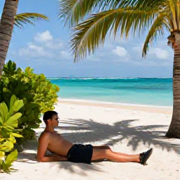 Caribbean Holidays, September Walking Holidays, A relaxed walker resting beside a shaded beach path with turquoise sea and palm trees in the Turks and Caicos Islands