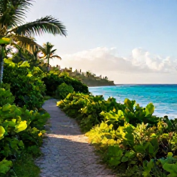 Caribbean Holidays, September Walking Holidays, A scenic Caribbean coastal walking trail in September, with lush green vegetation, turquoise sea and soft morning light