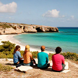 Caribbean Holidays, September Walking Holidays, A small group of walkers resting beside a Cura&ccedil;ao viewpoint overlooking a turquoise bay in warm September sunshine