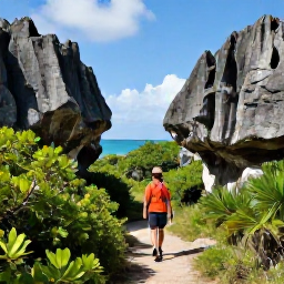 Caribbean Holidays, September Walking Holidays, A traveller walking along a nature trail in Grand Turk with limestone landscape, native plants and distant blue sea