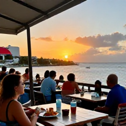 Caribbean Holidays, September Walking Holidays, Friendly local restaurant terrace in Sint Maarten at sunset, with walkers enjoying Caribbean food and views over the harbour
