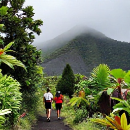 Caribbean Holidays, September Walking Holidays, Hikers following a green forest trail on Mount Liamuiga, Saint Kitts, with misty volcanic slopes and tropical plants