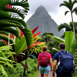 Caribbean Holidays, September Walking Holidays, Hikers walking through Saint Lucia's verdant rainforest towards the Pitons, with misty mountains and tropical plants