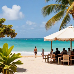Caribbean Holidays, September Walking Holidays, Travellers resting after a Caribbean walk at a relaxed beachfront caf&eacute; on Saint Kitts, with turquoise water and tropical vegetation