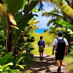 Caribbean Holidays, September Walking Holidays, Walkers exploring a forest trail in Virgin Islands National Park on St John, surrounded by tropical vegetation and glimpses of the sea