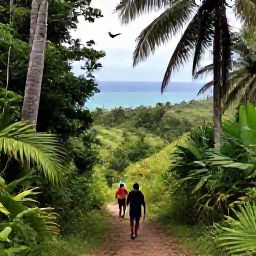 Caribbean Holidays, September Walking Holidays, Walkers following a forest path through tropical Caribbean hills, with colourful birds, palms and distant ocean views