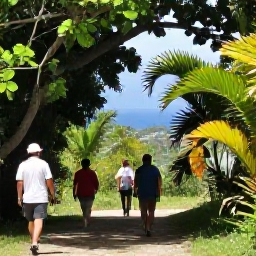 Caribbean Holidays, September Walking, Walkers following a shaded forest and hillside path near English Harbour, Antigua, with tropical plants and distant sea views