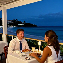 Caribbean Holidays, September Weddings, A couple dining at an elegant beachfront restaurant in Saint Martin, with local seafood, candles and views across the evening sea