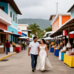 Caribbean Holidays, September Weddings, A happy newlywed couple exploring a Dominican Republic market and historic street, with colourful buildings and tropical scenery