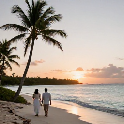 Caribbean Holidays, September Weddings, A newly married couple walking along a quiet Caribbean beach at sunset in September, with palm trees and calm turquoise water