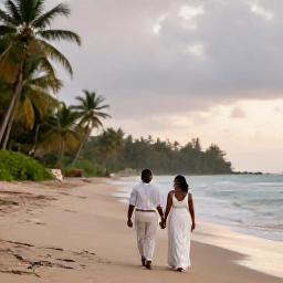 Caribbean Holidays, September Weddings, A newly married couple walking along a quiet Caribbean beach in Trinidad and Tobago after a light tropical shower, with a soft evening sky