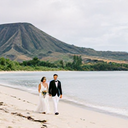Caribbean Holidays, September Weddings, A newly married couple walking along a quiet Montserrat beach in September, with volcanic hills and calm Caribbean water behind them