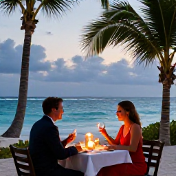 Caribbean Holidays, September Weddings, A newlywed couple sharing a candlelit dinner at a beachfront restaurant in Grand Cayman, with palm trees and the sea beyond