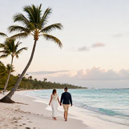 Caribbean Holidays, September Weddings, A newlywed couple walking along a palm-fringed Dominican Republic beach at sunset, with soft golden light and calm turquoise water