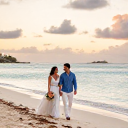 Caribbean Holidays, September Weddings, A newlywed couple walking along a quiet Caribbean beach in Saint Martin at sunset, with soft September light and calm turquoise water