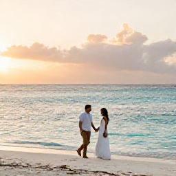 Caribbean Holidays, September Weddings, A newlywed couple walking along Seven Mile Beach in Grand Cayman at sunset, with calm turquoise water and soft golden light