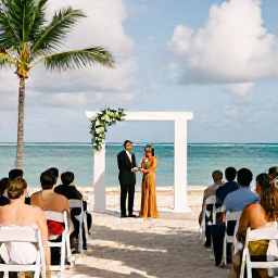 Caribbean Holidays, September Weddings, A tropical Dominican Republic resort wedding ceremony beneath a simple white arch beside a sandy beach, with guests seated in the shade