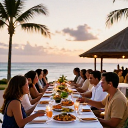 Caribbean Holidays, September Weddings, A tropical Montserrat wedding reception at sunset with long tables, Caribbean food, soft lights and guests enjoying the evening