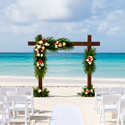 Caribbean Holidays, September Weddings, An elegant beach wedding ceremony in Grand Cayman, with white chairs, tropical flowers and the Caribbean Sea in the background