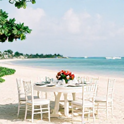 Caribbean Holidays, September Weddings, An elegant beach wedding reception in the Dominican Republic with white tables, tropical flowers, lanterns and a view of the sea