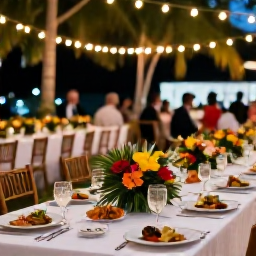 Caribbean Holidays, September Weddings, An elegant Caribbean wedding reception in Tobago with tropical flowers, local dishes and guests dining outdoors beneath string lights