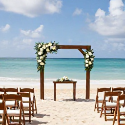 Caribbean Holidays, September Weddings, An intimate beach wedding ceremony on a Caribbean shore in Sint Maarten, decorated with simple white flowers and wooden chairs