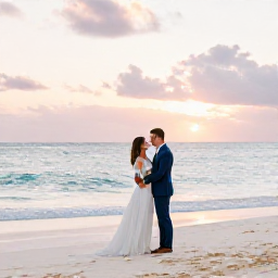 Caribbean Holidays, September Weddings, Bride and groom celebrating beside a pastel Bermuda beach at sunset in September