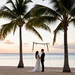 Caribbean Holidays, September Weddings, Bride and groom celebrating beside a tropical Haitian beach in September, with palm trees, warm light and calm sea