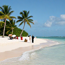 Caribbean Holidays, September Weddings, Bride and groom enjoying a quiet Caribbean beach after their wedding, with guests relaxing near palm trees and clear shallow water