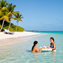Caribbean Holidays, September Weddings, Bride and groom enjoying a quiet morning swim and breakfast on a Grand Cayman beach, with palm trees and clear shallow water