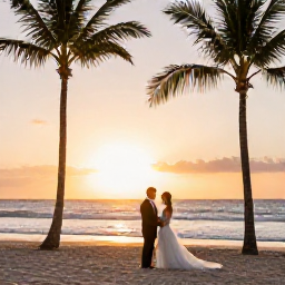 Caribbean Holidays, September Weddings, Bride and groom enjoying a romantic sunset wedding photo on a Barbados beach, with palm trees and gentle waves behind them
