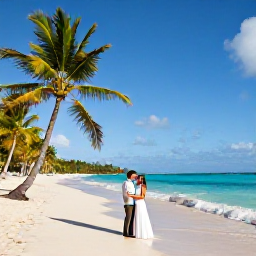 Caribbean Holidays, September Weddings, Bride and groom enjoying a sunny Guadeloupe beach with palm trees, gentle waves and bright tropical scenery