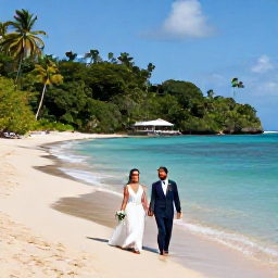 Caribbean Holidays, September Weddings, Bride and groom enjoying a sunny Saint Lucia beach, turquoise water, soft sand and lush tropical vegetation