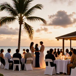 Caribbean Holidays, September Weddings, Bride and groom enjoying a tropical wedding reception on an Antigua terrace, guests dining at sunset with lanterns and palm trees
